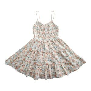 NWT American Eagle Womens Smocked Tiered Dress Size XS Cream Floral Mini Pockets